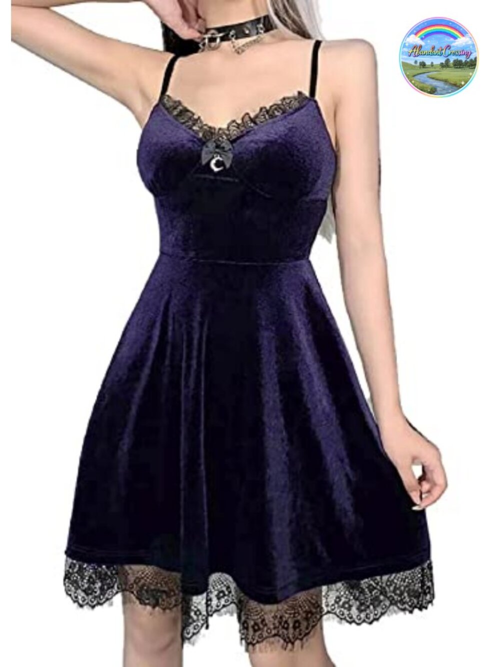 Gothic Velvet Mini Dress with Moon Charm Adjustable Straps